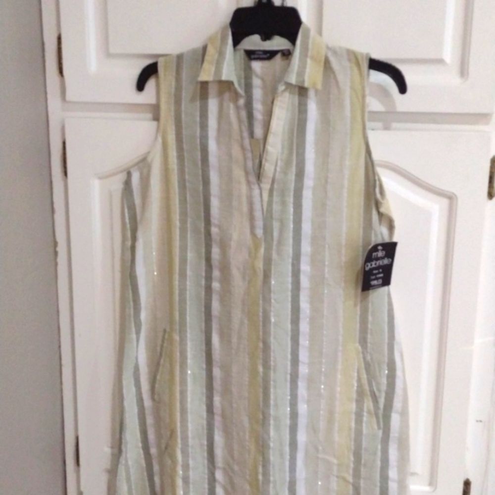 Mlle Gabrielle Cotton Sleeveless Dress Women's Small Metallic Stripes Green New